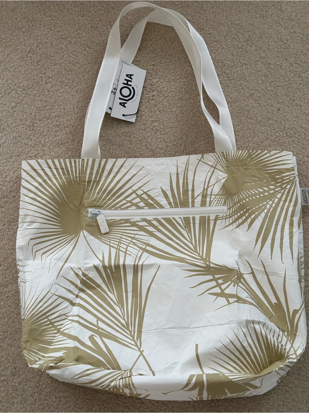 ALOHAS White Tote with Gold Palm Print